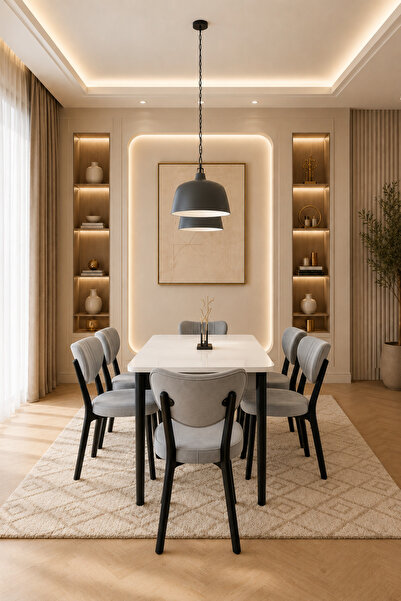 yıldız türk home Lavin Serisi 6 Kişilik 80x130 cm Beyaz MDF A.Gri Kumaş Siyah...