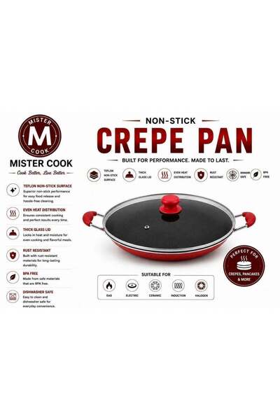 MISTERCOOK Mister Cook Non-Stick Crepe Pan With Edge And Thick Glass Cover, 1...