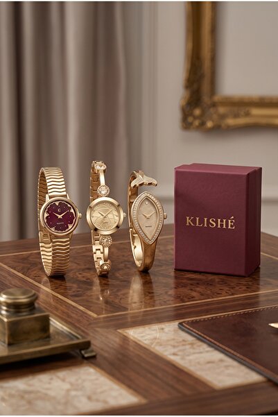 KLISHE 3-Piece Women's Steel Watch Set with Gold & Burgundy & Silver Color Ba...