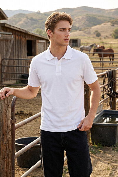 MAXIMILLIAN Men's White 100% Cotton Short Sleeve Polo Collar Basic T-Shirt