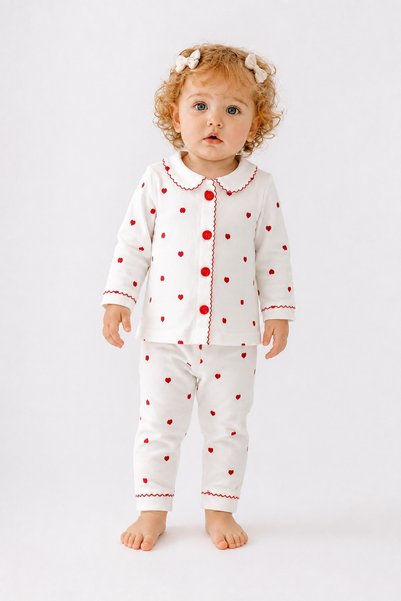 METEOR BABY Baby Girl Set - Pajama Set - Heart Patterned 2-Piece Set with Collar and Buttoned Bottom and Top Set