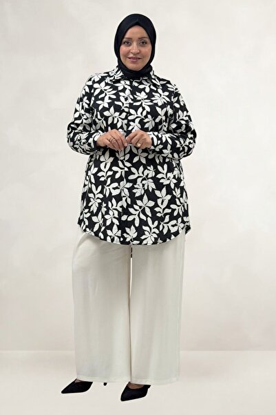 Eslina 68094 Plus Size Cuffed Patterned Mango Tunic - Leaf Patterned Black