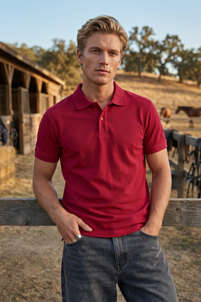 MAXIMILLIAN Men's Burgundy 100% Cotton Short Sleeve Polo Collar Basic T-Shirt