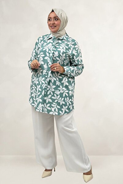 Eslina 68094 Plus Size Cuffed Patterned Mango Tunic - Leaf Pattern Nefti