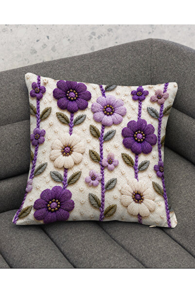Şah Dekor Digital Printed Punch Embroidery Look Purple Floral Decorative 2-Piece Throw Pillow Cover