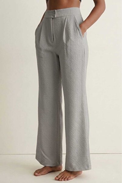 PORİENTO Gray Women's High Waist Stretchy Textured Crepe Fabric Wide Leg Pala...