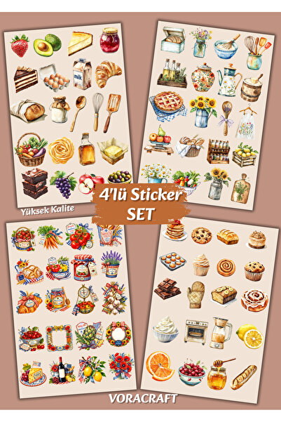 VORACRAFT 4'lü Yeme-İçme Sticker Set Ajanda Bullet Journal Planlayıcı Scrapbo...