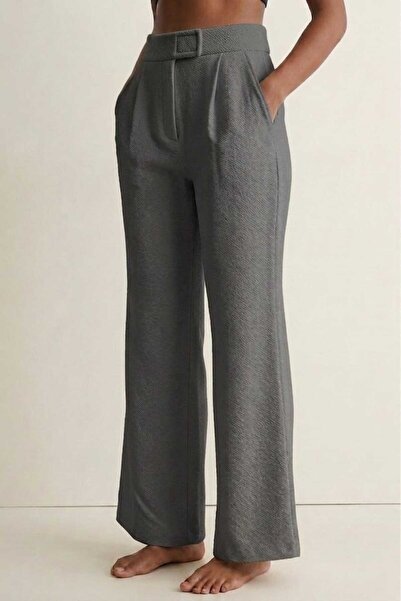 PORİENTO Dark Gray Women's High Waist Stretchy Textured Crepe Fabric Wide Leg...