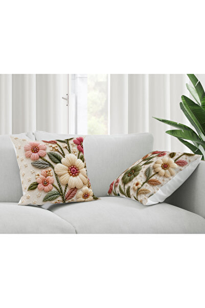 Şah Dekor Digital Printed Punch Embroidery Look Orange Floral Decorative 2-Pi...