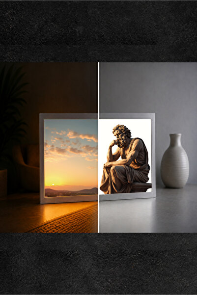 Düşünen Filozof Heykeli LED Işıklı Tablo – Dekoratif Masa & Gece Lambası