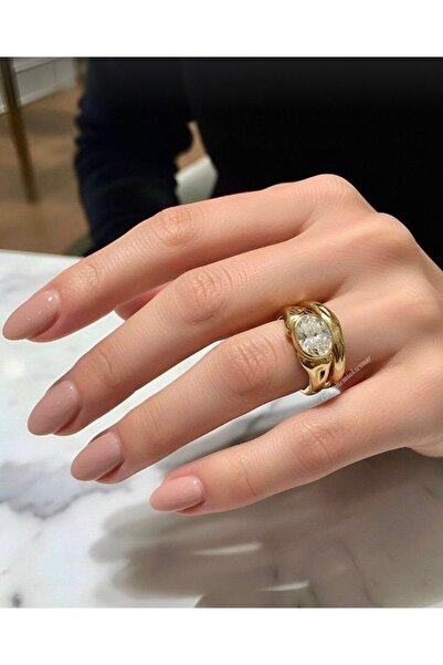 Genel Markalar Kadın 14K Altın Kaplama Vintage Oval Zirkon Taşlı İkili Görünü...