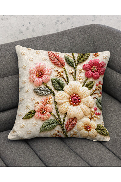 Şah Dekor Digital Printed Punch Embroidery Look Orange Floral Decorative 2-Piece Throw Pillow Cover