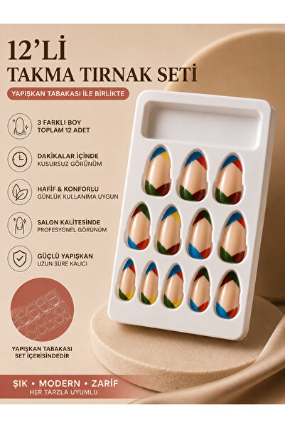 12'li Takma Tırnak Seti 3 Boy 12 Adet Renkli Desenli Yapışkanlı Takma Tırnak