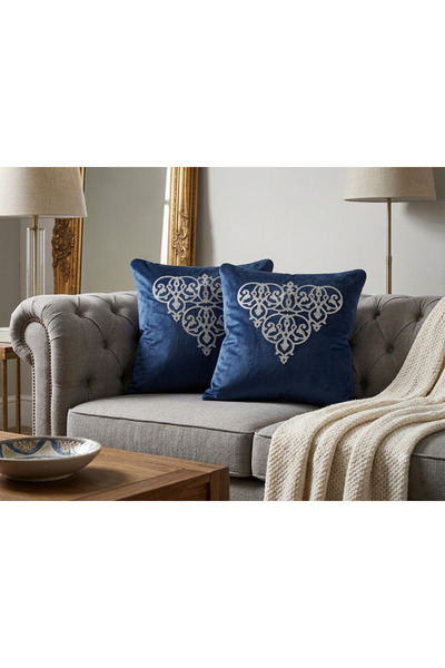 SEHARA 2 Velvet Cushion Covers/40X40Cm/Silvery Leather Embroidery/Navy Blue V...