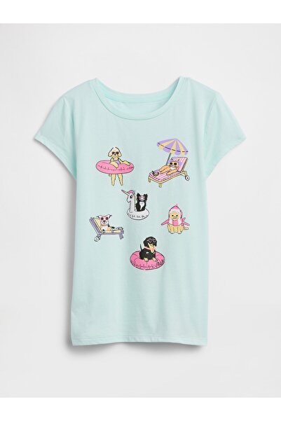 GAP Kız Çocuk Açık Mavi Grafik Baskılı T-Shirt