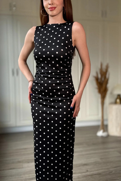 DAME Women's Draped Polka Dot Detailed Slit Midi Black Dress