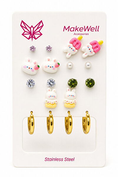 MakeWell 9 Pairs Women's Earrings Set – 7 Pairs Pierced Cute Bunny Ice Cream ...