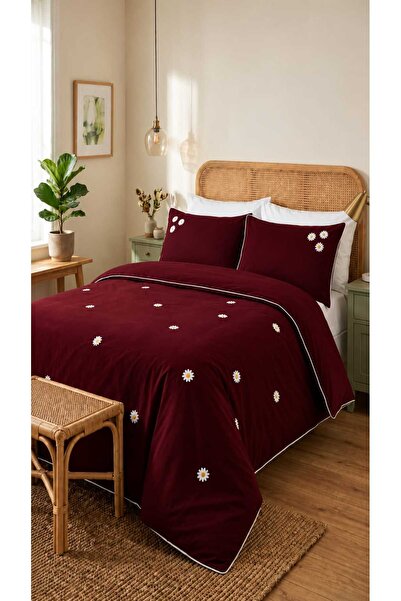 İK TEKSTİL 3D Daisy Embroidered 100% Cotton Burgundy 6 Piece Duvet Cover Set