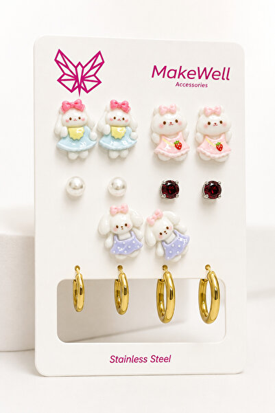 MakeWell 7 Pairs Women's Earring Set – 5 Pairs Pierced Cute Rabbit Figured Pe...