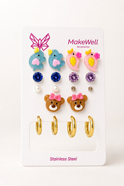MakeWell 9 Pairs Women's Earring Set – 7 Pairs Pierced Cute Bird Teddy Bear P...