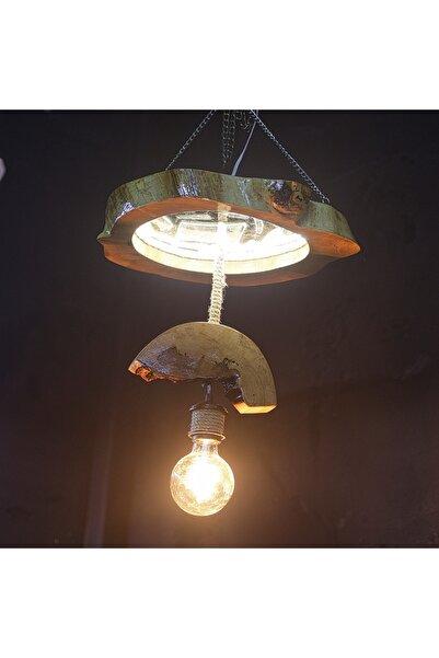 Doğal Ahşap Kütük Avize Kırık Ayna Ve Epoksi Kaplama LED Aydınlatmalı Sarkıt Lamba (40-45 cm)