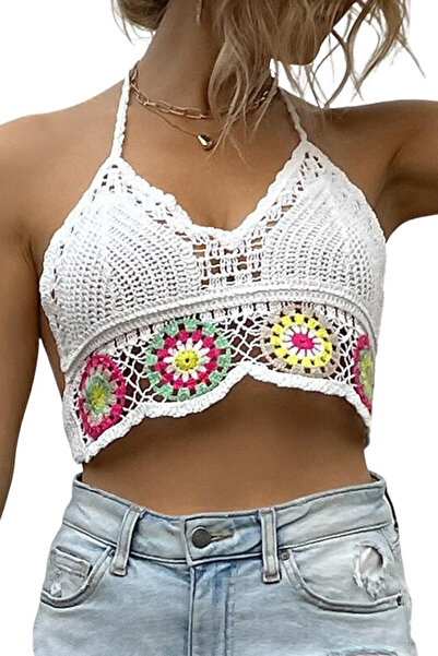 VeeShop Καλοκαιρινό τοπ, πλεκτό κροσέ μπούστο με ανοιχτή πλάτη, πολύχρωμο φλο...