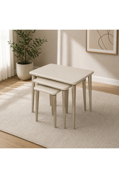 ARDELYA 3’lü Zigon Sehpa Krem – Modern Tasarım İç İçe Geçmeli Salon ve Yan Se...