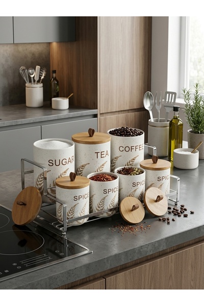 Generic طقم برطمانات حفظ وتخزين بهارات وتوابل مع أغطية وحامل بتصميم أنيق خشبي...