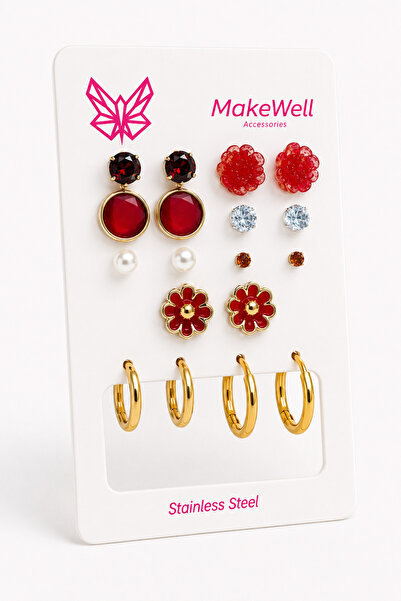 MakeWell 9 Pairs Women's Earrings Set - 7 Pairs Stud Red Flower Pearl and Rhi...