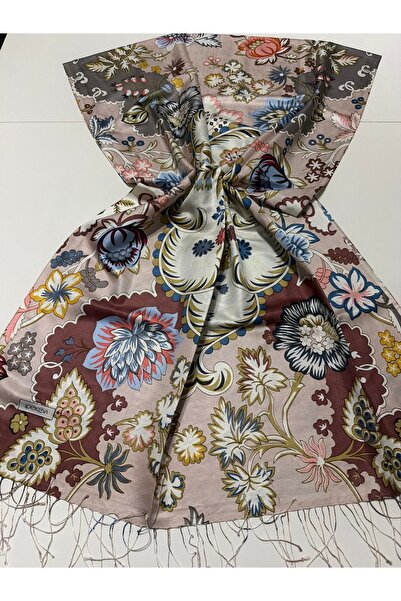 ipekevi Silky Pink Crown Leaf Patterned Silk Shawl