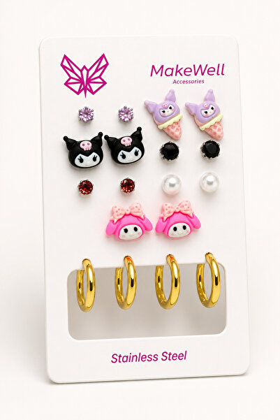 MakeWell 9 Pairs Women's Earring Set – 7 Pairs Cute Character Ice Cream Pearl...