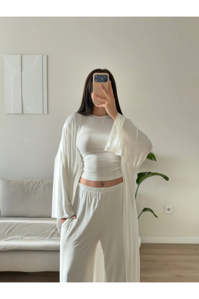 Zoom Butik Üçlü Hırkalı Viskon Takım - BEYAZ