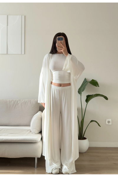 Zoom Butik Üçlü Hırkalı Viskon Takım - BEYAZ