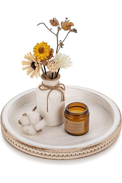 GENERAL Bokila Decorative Wooden Serving Tray: Round White Washed Beaded Tray...