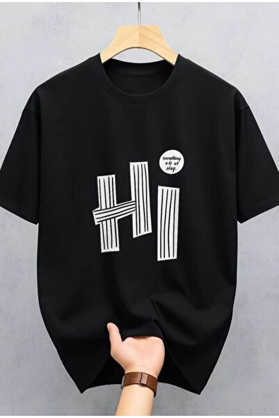 TİMİSİVA Hİ BASKILI Unisex Oversize T-shirt με στάμπα, κοντό μανίκι και λαιμό...