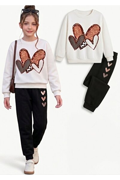 Kids Winter Multi Heart Printed Black and White Girls' Casual Set