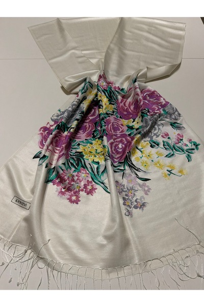 ipekevi White Fuchsia Palace Garden Patterned Silk Shawl