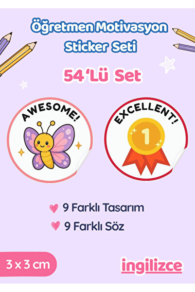 Miko Miko Şeyler 54’lü İngilizce Öğretmen Motivasyon ve Ödev Sticker Seti / E...
