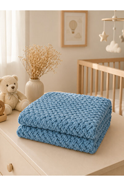 Generic Brand Hand Knitted Baby Blanket 80X80 cm Fluffy Soft Double Sided Blu...