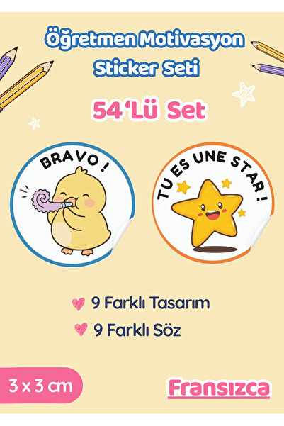54’lü Fransızca Öğretmen Motivasyon ve Ödev Sticker Seti / Etiket