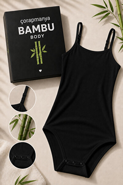 çorapmanya Kadın Bambu İp Askılı Çıtçıtlı Body Siyah - Beyaz