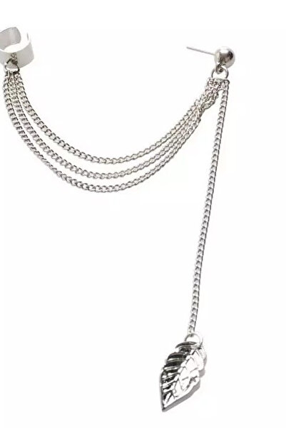 VeeShop Ear cuff earring, leaf with triple chain and ball - Silver, Left or r...