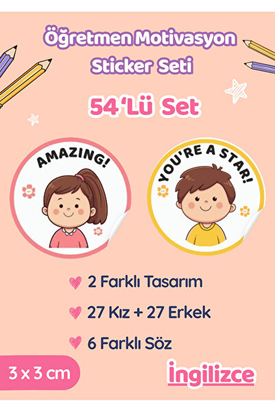 54’lü İngilizce Öğretmen Motivasyon ve Ödev Sticker Seti / Kız-Erkek Etiket