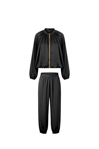 Havoş Black Soho Bomber Jacket Pants Satin Set