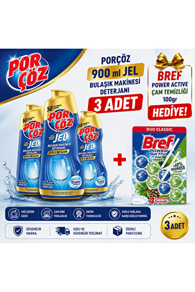 Porçöz Dishwashing Liquid 900 ml X 3 Pieces = Bref Toilet Bowl Block 2-Pack Gift