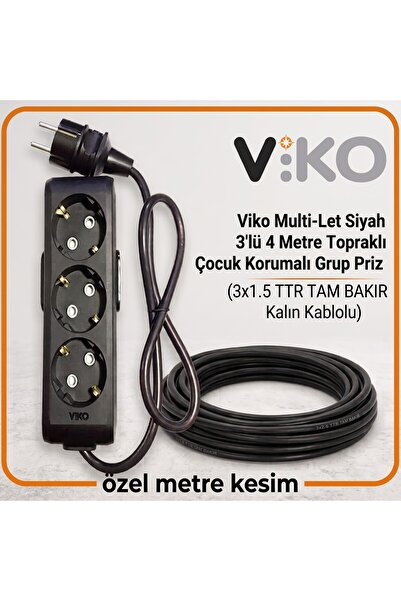 VİKO Multi-Let Siyah 3'lü 4 Metre Topraklı Çocuk Korumalı Grup Priz (3x1.5 TT...