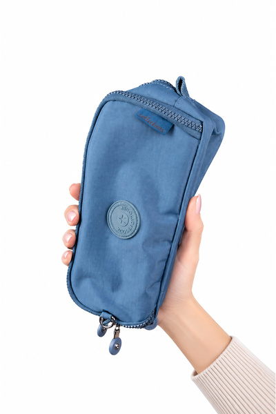 İMAKS Large Size Crinkle 3 Zipper Pen Holder Mobile Phone Makeup Hand School Bag Wallet Blue 1415K