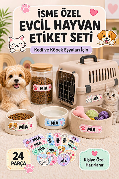 StickerAtölye Sticker Atölye İsme Özel Evcil Hayvan Etiket Seti Kedi Köpek Ma...
