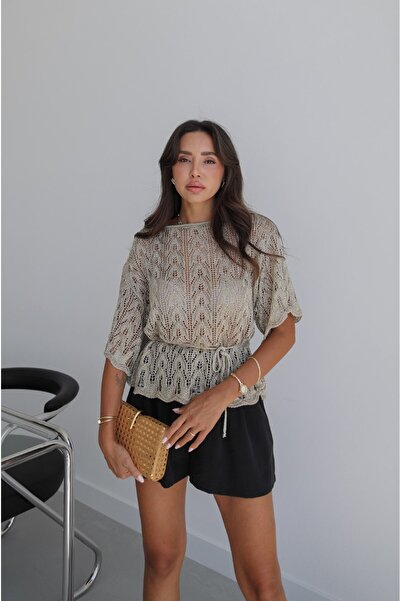Havoş Gold Glittery Tie-Waist Openwork Knitwear