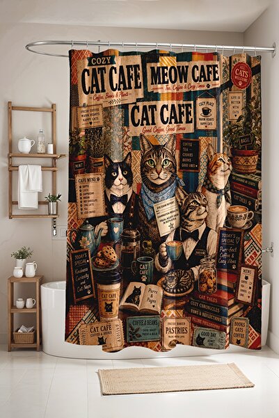EVPANYA Bathroom Curtain, Retro Cafe Cats Patterned Shower Curtain, Bathtub C...